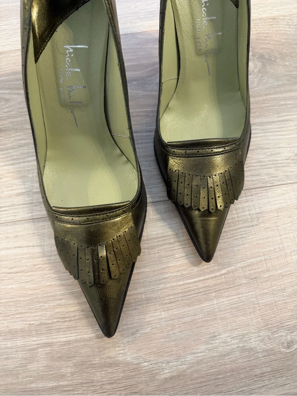 Nicole Miller Olive Green Metallic Pointed-Toe Stiletto Pumps